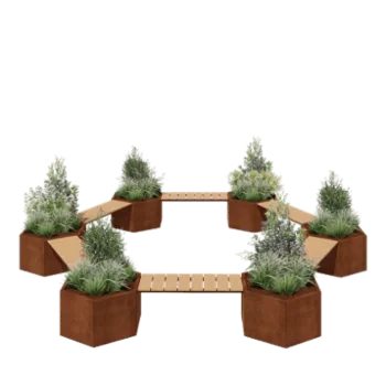Jardinera de acero corten - Configuración tipo fogata - 502,2 x 459,2 x 50 cm - Con banco - Sin placa inferior