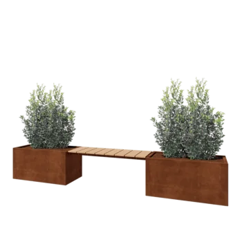 Jardinera de acero corten - Rectángulo - 321,2 x 50 x 50 cm - Con banco - Con placa inferior