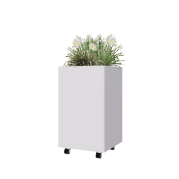 Jardinera de acero - Cuadrado - 50 x 50 x 80 cm - RAL9010 mate (blanco) - Con placa inferior - Con ruedas