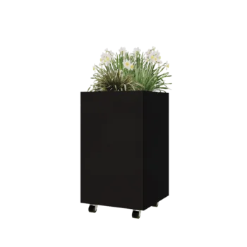 Jardinera de acero - Cuadrado - 50 x 50 x 80 cm - RAL9005 mate (negro) - Con placa inferior - Con ruedas