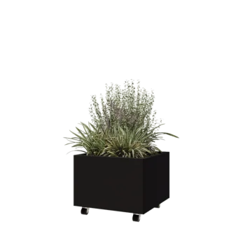 Jardinera de acero - Cuadrado - 60 x 60 x 40 cm - RAL9005 mate (negro) - Con placa inferior - Con ruedas