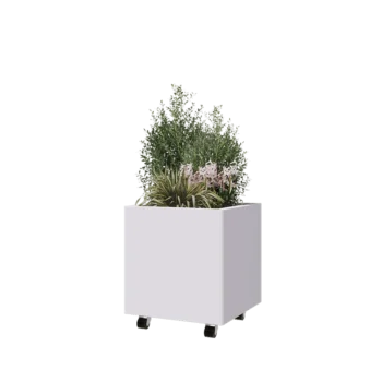 Jardinera de acero - Cuadrado - 50 x 50 x 50 cm - RAL9010 mate (blanco) - Con placa inferior - Con ruedas