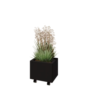 Jardinera de acero - Rectángulo - 40 x 30 x 30 cm - RAL9005 mate (negro) - Con placa inferior - Con ruedas