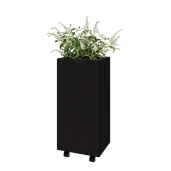 Jardinera de acero - Rectángulo - 40 x 30 x 80 cm - RAL9005 mate (negro) - Con placa inferior - Con ruedas