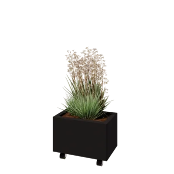 Jardinera de acero - Rectángulo - 50 x 30 x 30 cm - RAL9005 mate (negro) - Con placa inferior - Con ruedas