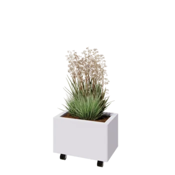 Jardinera de acero - Rectángulo - 50 x 30 x 30 cm - RAL9010 mate (blanco) - Con placa inferior - Con ruedas