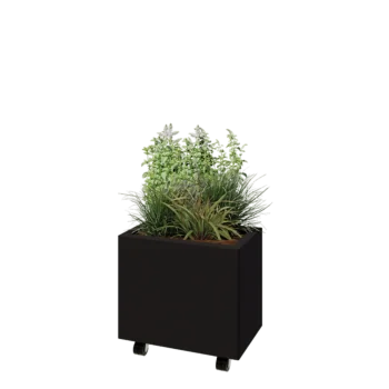 Jardinera de acero - Rectángulo - 50 x 30 x 40 cm - RAL9005 mate (negro) - Con placa inferior - Con ruedas