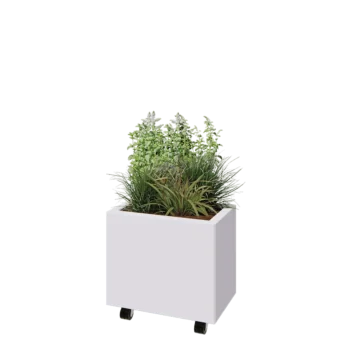 Jardinera de acero - Rectángulo - 50 x 30 x 40 cm - RAL9010 mate (blanco) - Con placa inferior - Con ruedas