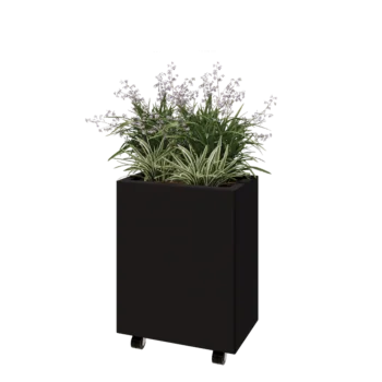 Jardinera de acero - Rectángulo - 50 x 30 x 60 cm - RAL9005 mate (negro) - Con placa inferior - Con ruedas