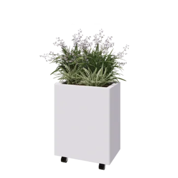 Jardinera de acero - Rectángulo - 50 x 30 x 60 cm - RAL9010 mate (blanco) - Con placa inferior - Con ruedas