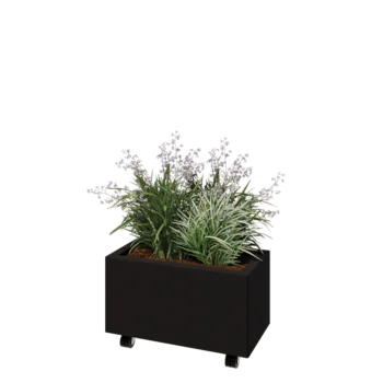 Jardinera de acero - Rectángulo - 60 x 30 x 30 cm - RAL9005 mate (negro) - Con placa inferior - Con ruedas