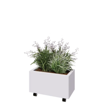 Jardinera de acero - Rectángulo - 60 x 30 x 30 cm - RAL9010 mate (blanco) - Con placa inferior - Con ruedas