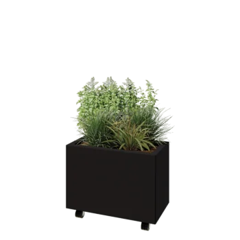Jardinera de acero - Rectángulo - 60 x 30 x 40 cm - RAL9005 mate (negro) - Con placa inferior - Con ruedas