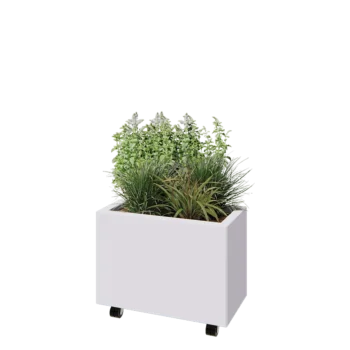 Jardinera de acero - Rectángulo - 60 x 30 x 40 cm - RAL9010 mate (blanco) - Con placa inferior - Con ruedas