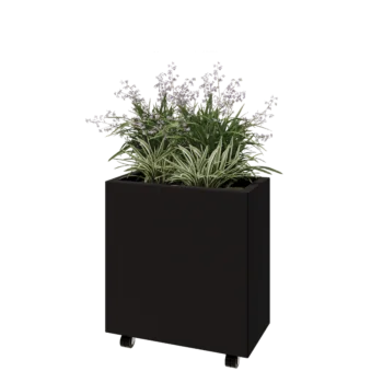 Jardinera de acero - Rectángulo - 60 x 30 x 60 cm - RAL9005 mate (negro) - Con placa inferior - Con ruedas