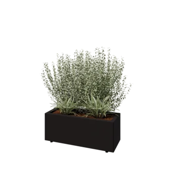 Jardinera de acero - Rectángulo - 80 x 30 x 30 cm - RAL9005 mate (negro) - Con placa inferior - Con patas