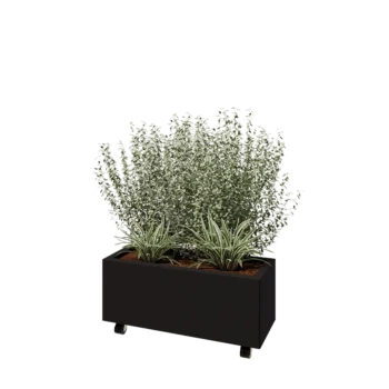 Jardinera de acero - Rectángulo - 80 x 30 x 30 cm - RAL9005 mate (negro) - Con placa inferior - Con ruedas