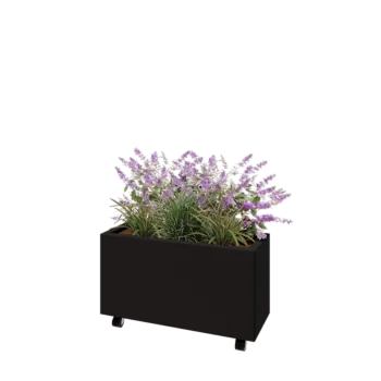 Jardinera de acero - Rectángulo - 80 x 30 x 40 cm - RAL9005 mate (negro) - Con placa inferior - Con ruedas