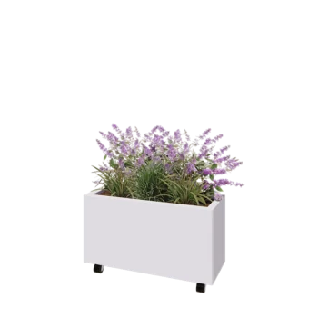 Jardinera de acero - Rectángulo - 80 x 30 x 40 cm - RAL9010 mate (blanco) - Con placa inferior - Con ruedas