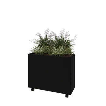 Jardinera de acero - Rectángulo - 80 x 30 x 60 cm - RAL9005 mate (negro) - Con placa inferior - Con ruedas