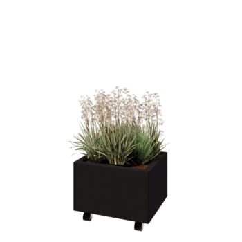 Jardinera de acero - Rectángulo - 50 x 40 x 30 cm - RAL9005 mate (negro) - Con placa inferior - Con ruedas