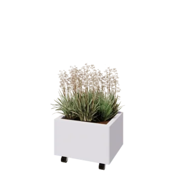 Jardinera de acero - Rectángulo - 50 x 40 x 30 cm - RAL9010 mate (blanco) - Con placa inferior - Con ruedas