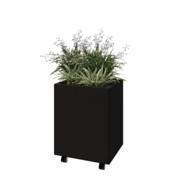 Jardinera de acero - Rectángulo - 50 x 40 x 60 cm - RAL9005 mate (negro) - Con placa inferior - Con ruedas