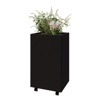 Jardinera de acero - Rectángulo - 50 x 40 x 80 cm - RAL9005 mate (negro) - Con placa inferior - Con ruedas