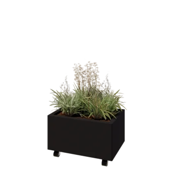 Jardinera de acero - Rectángulo - 60 x 40 x 30 cm - RAL9005 mate (negro) - Con placa inferior - Con ruedas