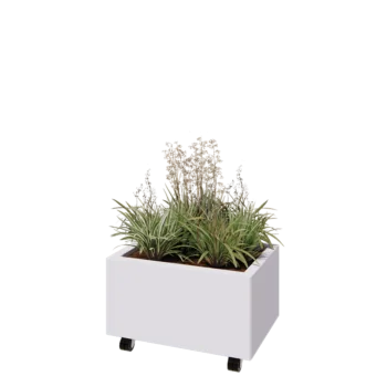 Jardinera de acero - Rectángulo - 60 x 40 x 30 cm - RAL9010 mate (blanco) - Con placa inferior - Con ruedas