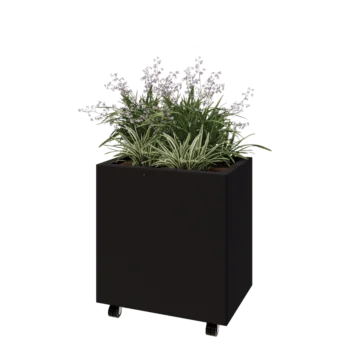 Jardinera de acero - Rectángulo - 60 x 40 x 60 cm - RAL9005 mate (negro) - Con placa inferior - Con ruedas