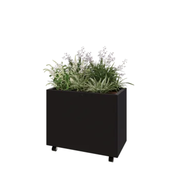 Jardinera de acero - Rectángulo - 80 x 40 x 60 cm - RAL9005 mate (negro) - Con placa inferior - Con ruedas