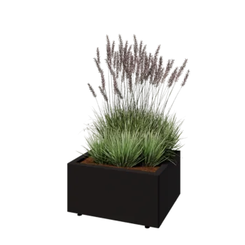 Jardinera de acero - Rectángulo - 60 x 50 x 30 cm - RAL9005 mate (negro) - Con placa inferior - Con patas