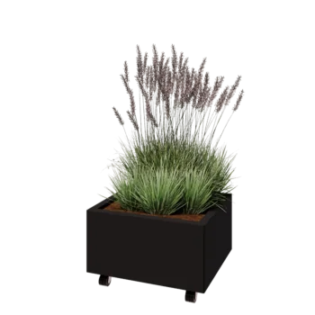 Jardinera de acero - Rectángulo - 60 x 50 x 30 cm - RAL9005 mate (negro) - Con placa inferior - Con ruedas