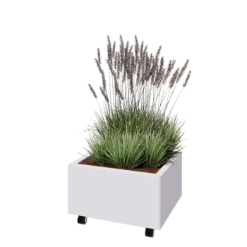 Jardinera de acero - Rectángulo - 60 x 50 x 30 cm - RAL9010 mate (blanco) - Con placa inferior - Con ruedas