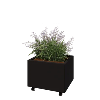 Jardinera de acero - Rectángulo - 60 x 50 x 40 cm - RAL9005 mate (negro) - Con placa inferior - Con ruedas