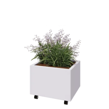 Jardinera de acero - Rectángulo - 60 x 50 x 40 cm - RAL9010 mate (blanco) - Con placa inferior - Con ruedas