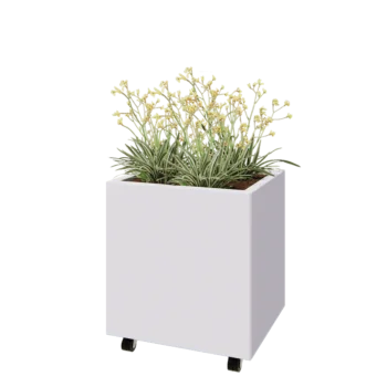 Jardinera de acero - Rectángulo - 60 x 50 x 60 cm - RAL9010 mate (blanco) - Con placa inferior - Con ruedas