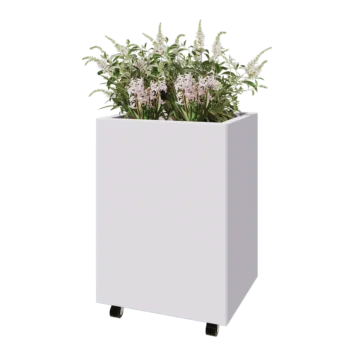 Jardinera de acero - Rectángulo - 60 x 50 x 80 cm - RAL9010 mate (blanco) - Con placa inferior - Con ruedas