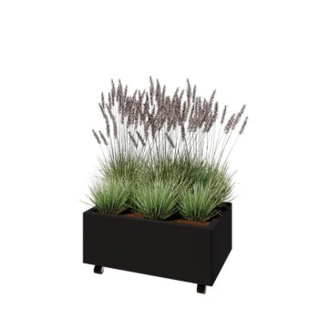 Jardinera de acero - Rectángulo - 80 x 50 x 30 cm - RAL9005 mate (negro) - Con placa inferior - Con ruedas