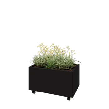 Jardinera de acero - Rectángulo - 80 x 50 x 40 cm - RAL9005 mate (negro) - Con placa inferior - Con ruedas