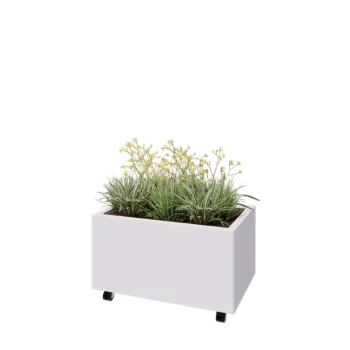 Jardinera de acero - Rectángulo - 80 x 50 x 40 cm - RAL9010 mate (blanco) - Con placa inferior - Con ruedas