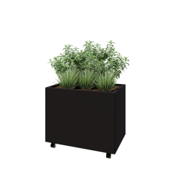 Jardinera de acero - Rectángulo - 80 x 50 x 60 cm - RAL9005 mate (negro) - Con placa inferior - Con ruedas