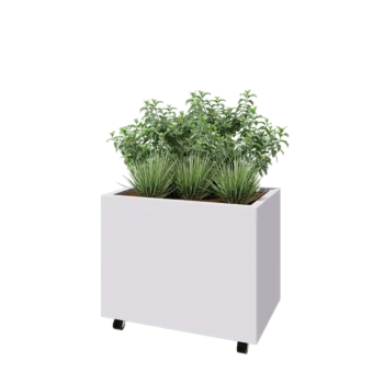 Jardinera de acero - Rectángulo - 80 x 50 x 60 cm - RAL9010 mate (blanco) - Con placa inferior - Con ruedas