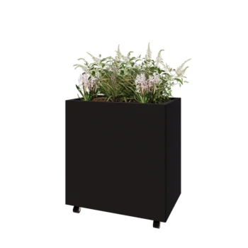 Jardinera de acero - Rectángulo - 80 x 50 x 80 cm - RAL9005 mate (negro) - Con placa inferior - Con ruedas