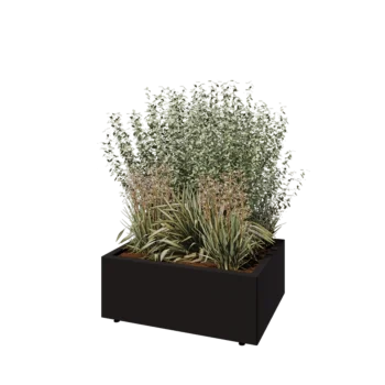 Jardinera de acero - Rectángulo - 80 x 60 x 30 cm - RAL9005 mate (negro) - Con placa inferior - Con patas