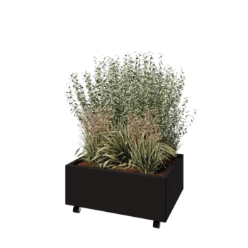 Jardinera de acero - Rectángulo - 80 x 60 x 30 cm - RAL9005 mate (negro) - Con placa inferior - Con ruedas
