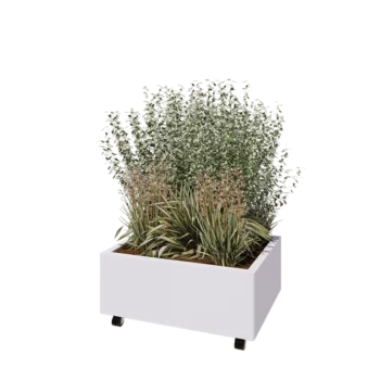 Jardinera de acero - Rectángulo - 80 x 60 x 30 cm - RAL9010 mate (blanco) - Con placa inferior - Con ruedas