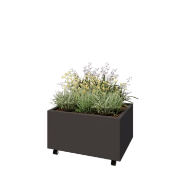 Jardinera de acero - Rectángulo - 80 x 60 x 40 cm - RAL7016 mate (gris antracita) - Con placa inferior - Con ruedas
