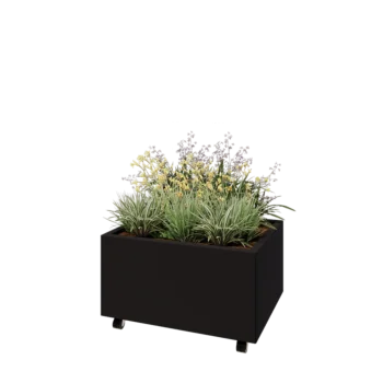 Jardinera de acero - Rectángulo - 80 x 60 x 40 cm - RAL9005 mate (negro) - Con placa inferior - Con ruedas